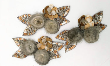 Grey and Antique Gold Hand Embroidered Floral Applique, Beaded and Sequins Applique